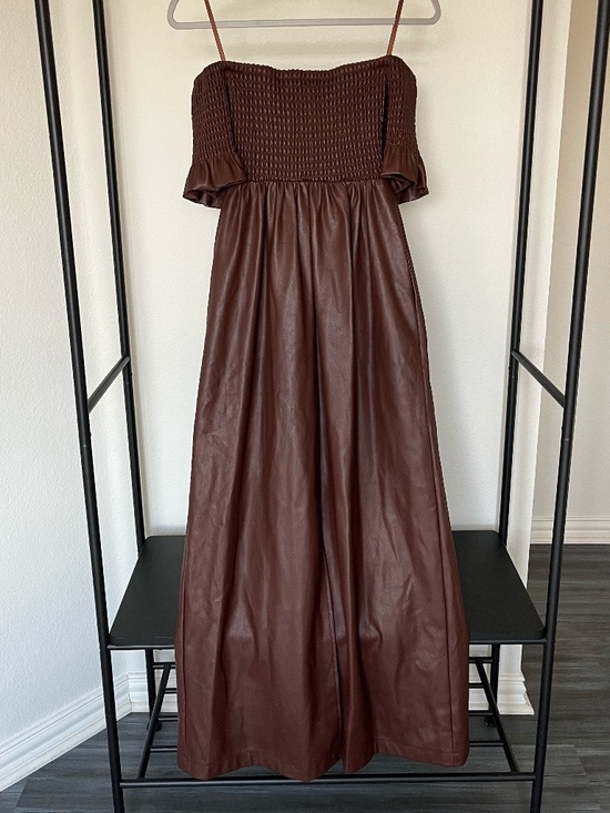 STAUD | Mae Off-The-Shoulder Vegan Leather Maxi Dress in Bark | Size XS - Picture 9 of 12